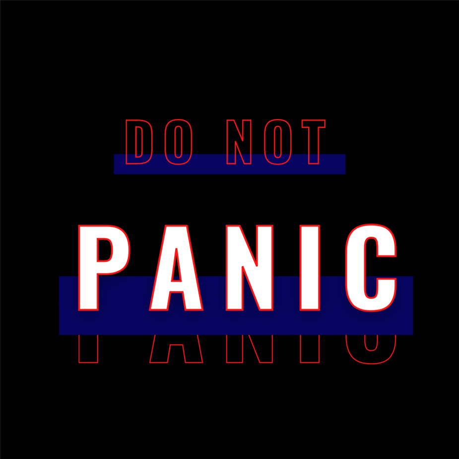 Text image "Don't Panic" in red blue and white with black background