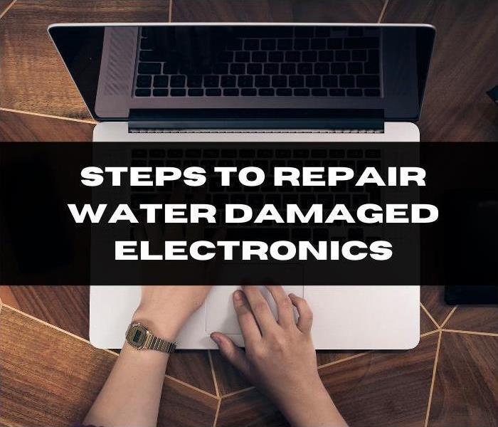 Hand on Laptop with text "Step to Repair Water Damaged Electronics"